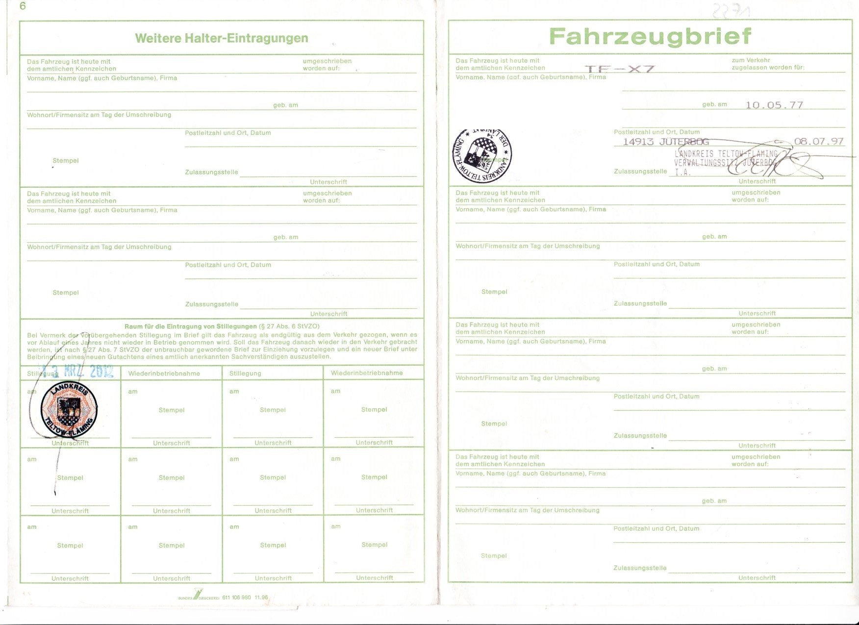 Hauptrahmen deutsche Papiere Brief JS1AD311200 Suzuki GSX-R 600 AD 97-00  Suzuki   