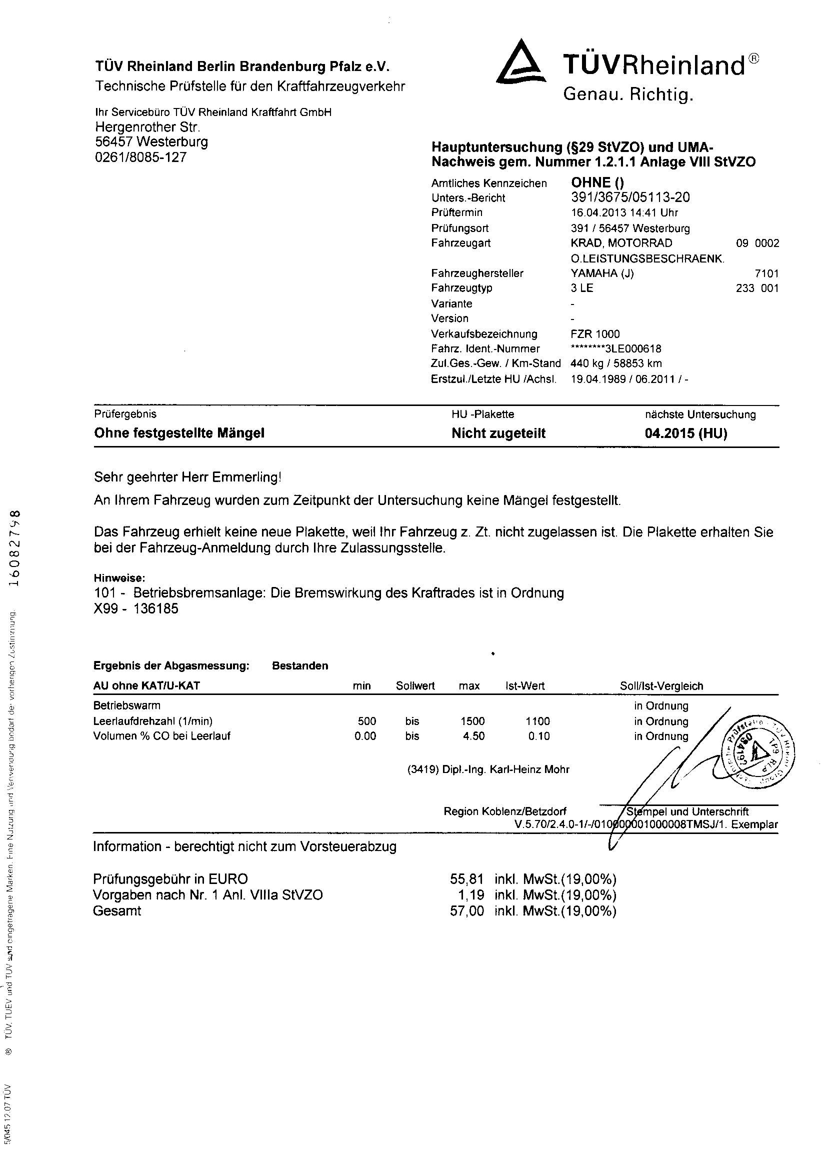 Rahmen Hauptrahmen Yamaha FZR 1000 Exup 3LE 89-93  Yamaha   