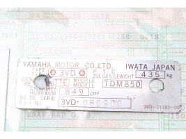 Ramidentifikationsskylt med papper Yamaha TDM 850 3VD 91-95