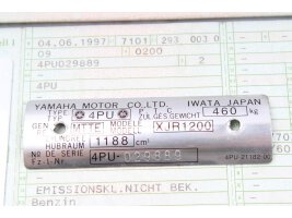 Typenschild mit Papiere Rahmen Yamaha XJR 1200 4PU 94-98