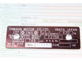 Ramme identifikationsplade med papirer Yamaha FZ 750...