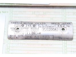 Typenschild Papiere ohne Rahmen Yamaha FJ 1200 3YA 91-99