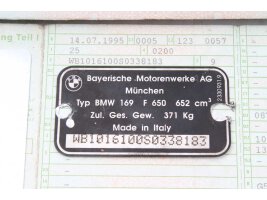 Kehyksen nimikilpi papereilla BMW F 650 169 93-99