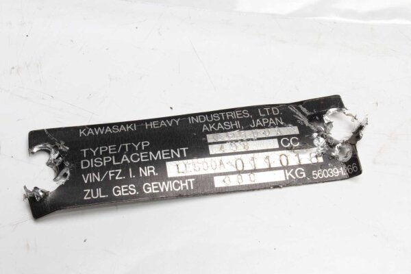 Typskylt tyska papper utan ram Kawasaki KLE 500 LE500A1-A11 91-01