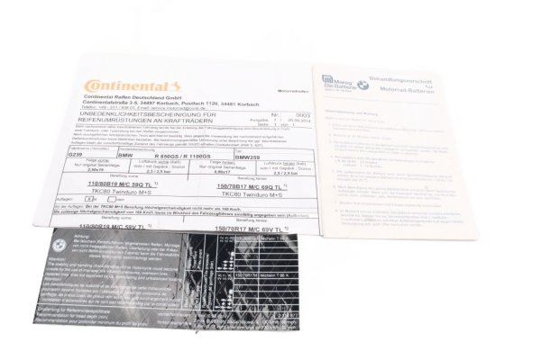 Tire approval certificate of conformity BMW R 1100 GS 259 0409 93-99